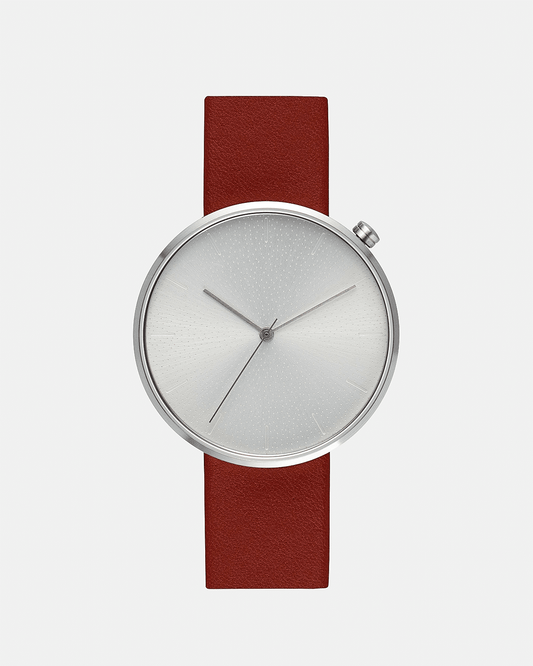 38mm Burgundy Leather Brushed Steel Watch