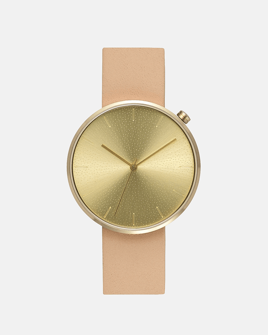 38mm Natural Leather Brushed Gold Watch