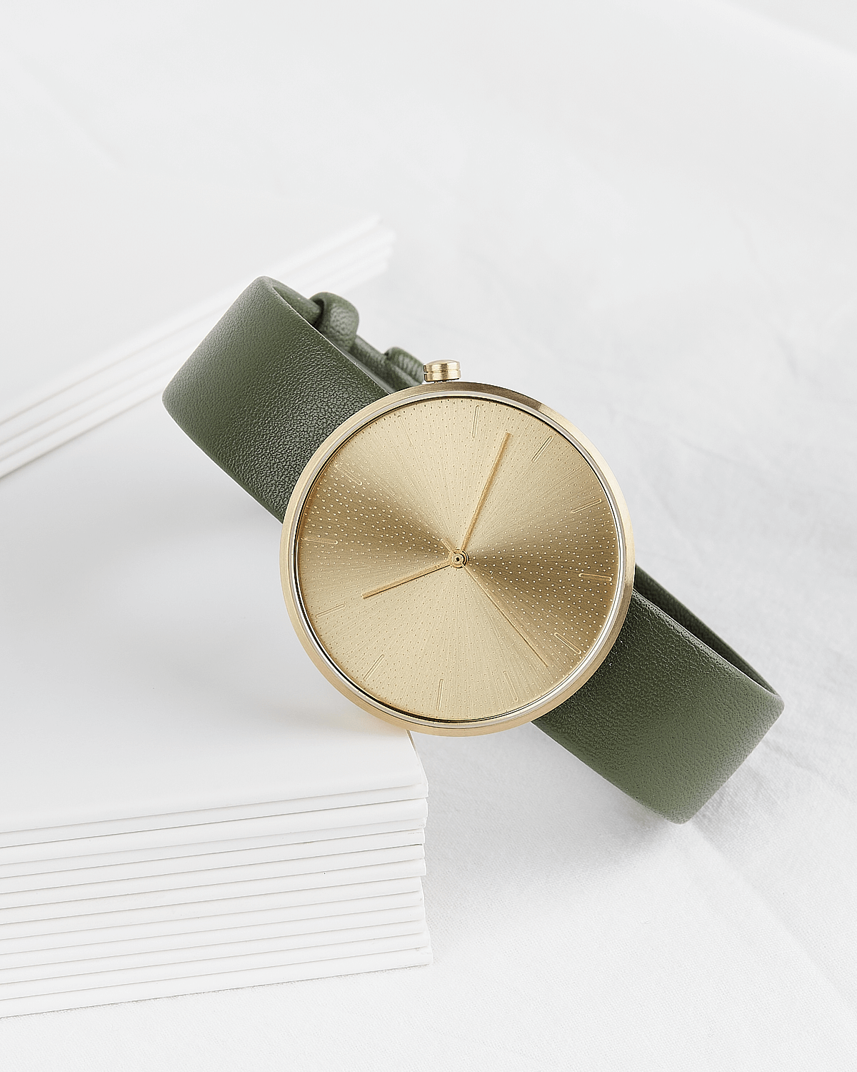 38mm Olive Leather Brushed Gold Watch