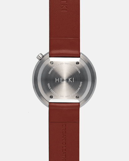 38mm Burgundy Leather Brushed Steel Watch