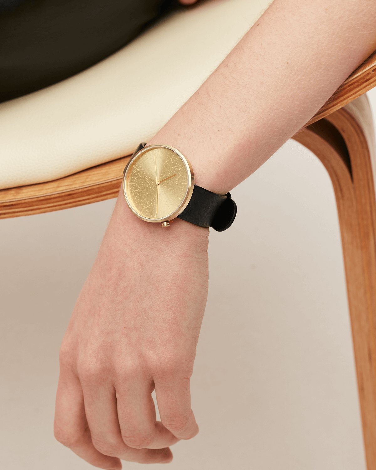 38mm Black Leather Brushed Gold Watch