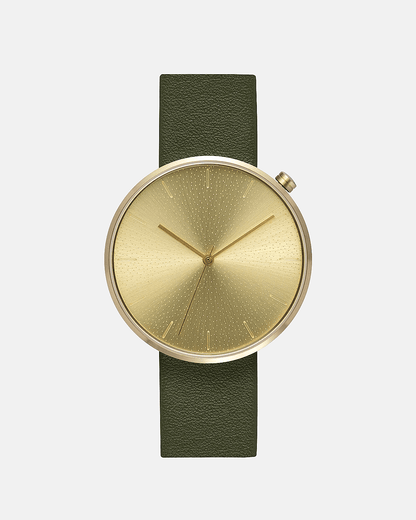 38mm Olive Leather Brushed Gold Watch