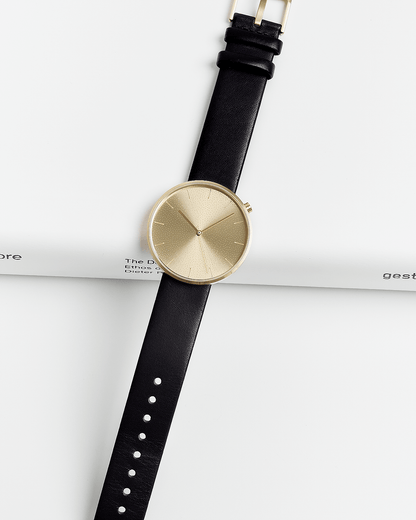 38mm Black Leather Brushed Gold Watch