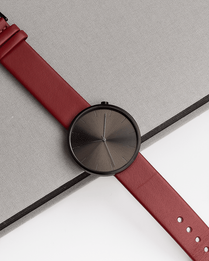 38mm Burgundy Leather Brushed Black Watch