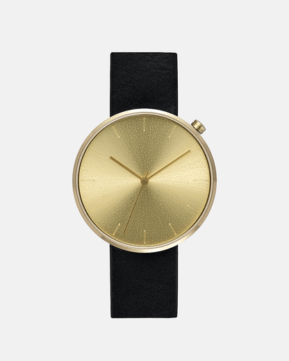 38mm Black Leather Brushed Gold Watch