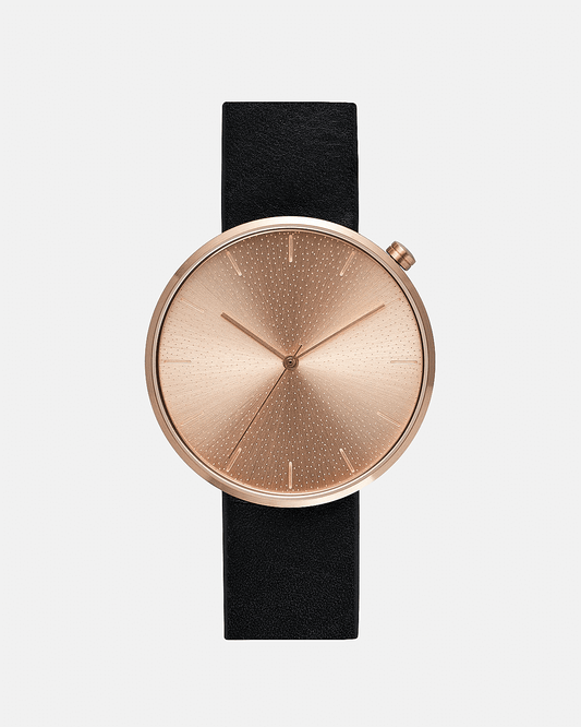 38mm Black Leather Brushed Rose Gold Watch