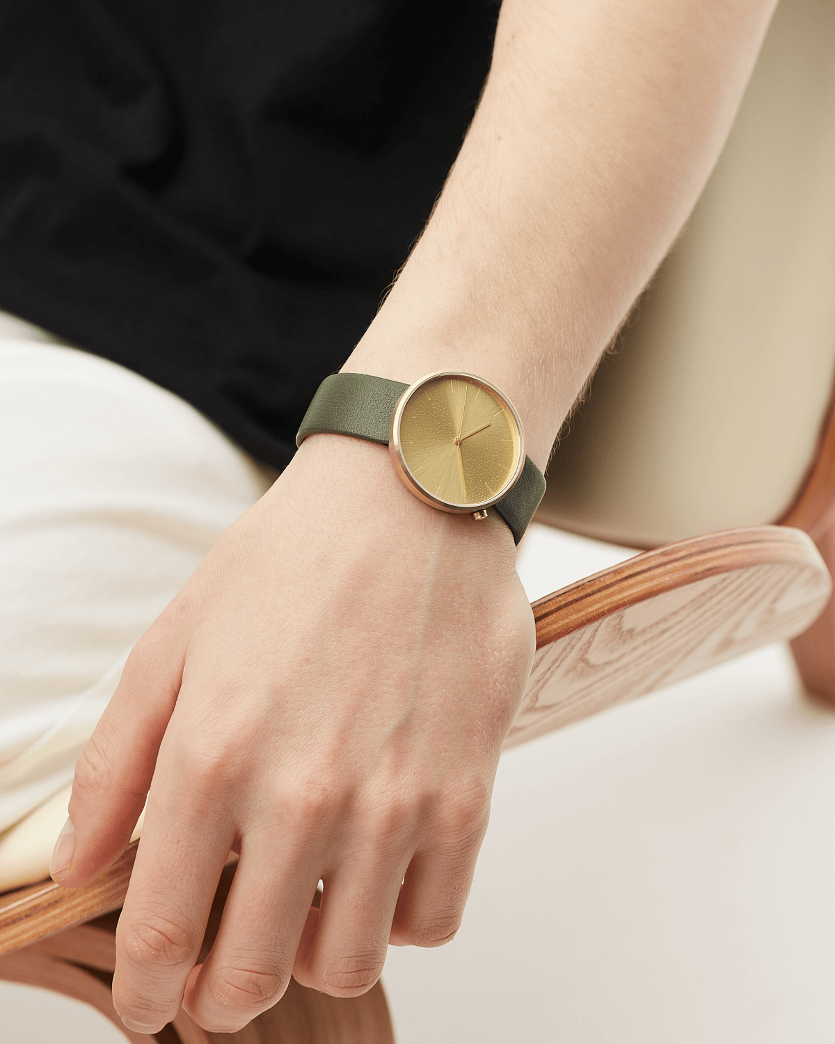 38mm Olive Leather Brushed Gold Watch