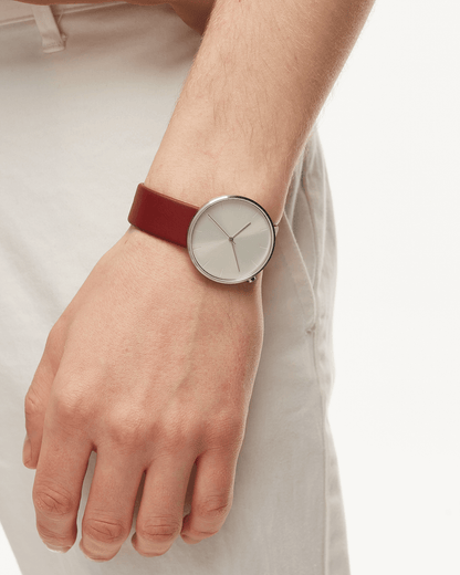 38mm Burgundy Leather Brushed Steel Watch