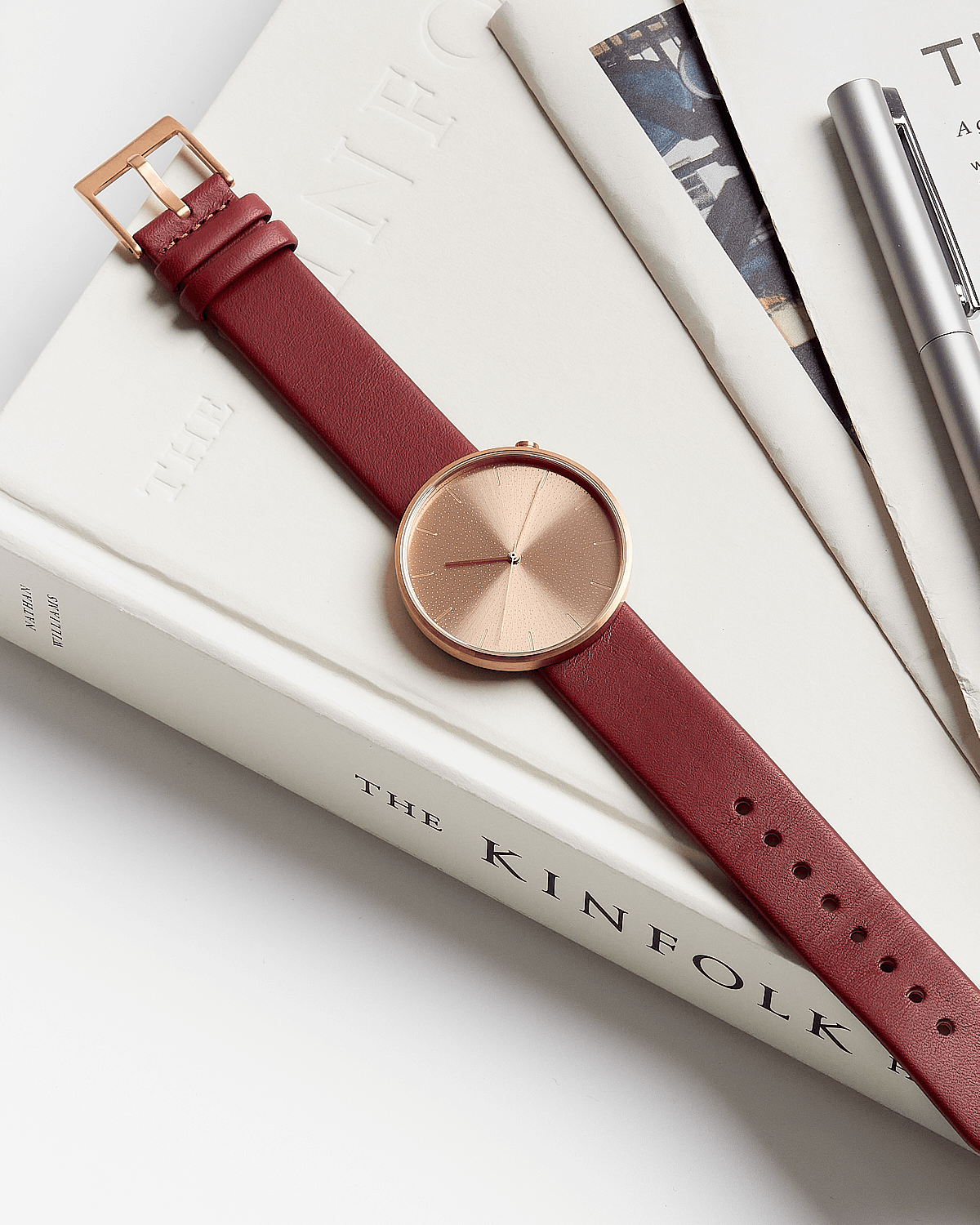 38mm Burgundy Leather Brushed Rose Gold Watch