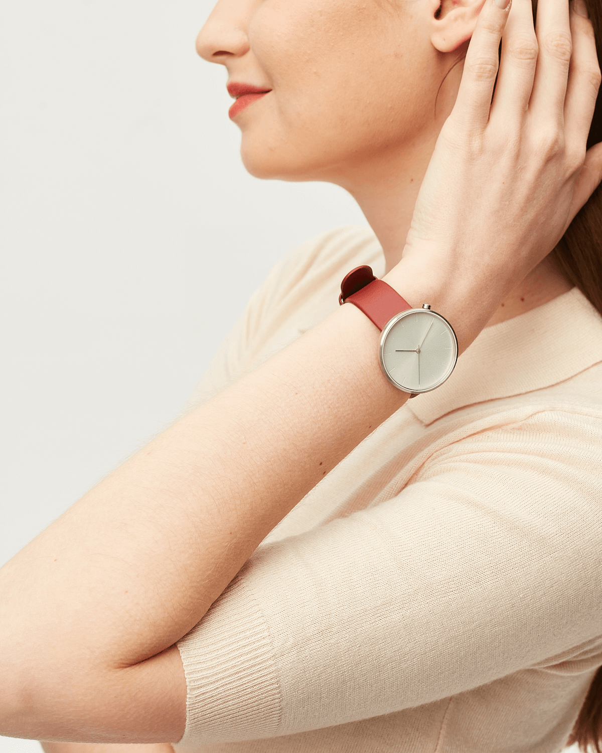 38mm Burgundy Leather Brushed Steel Watch