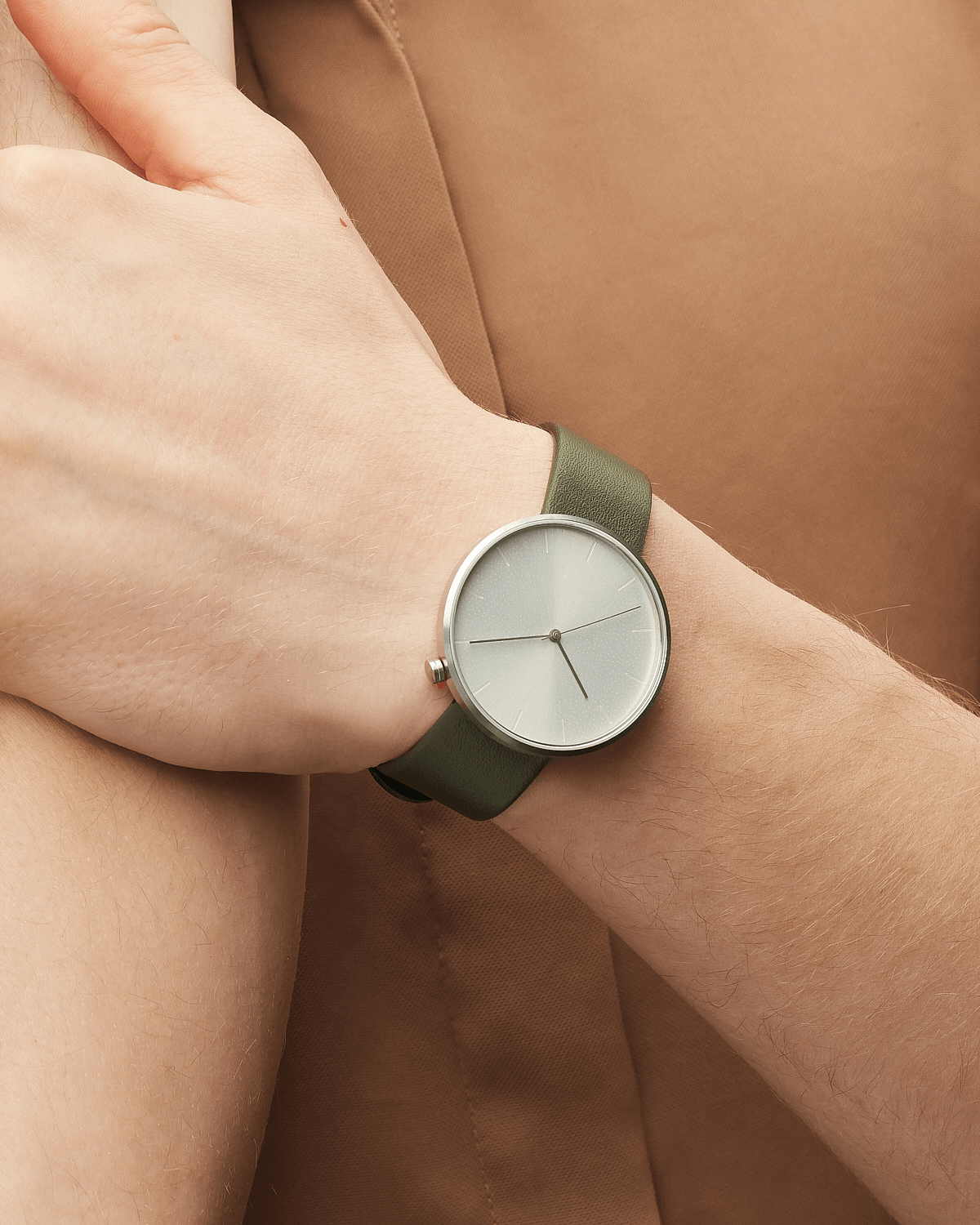 38mm Olive Leather Brushed Steel Watch