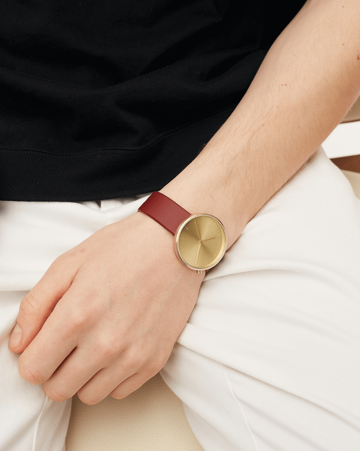 38mm Burgundy Leather Brushed Gold Watch