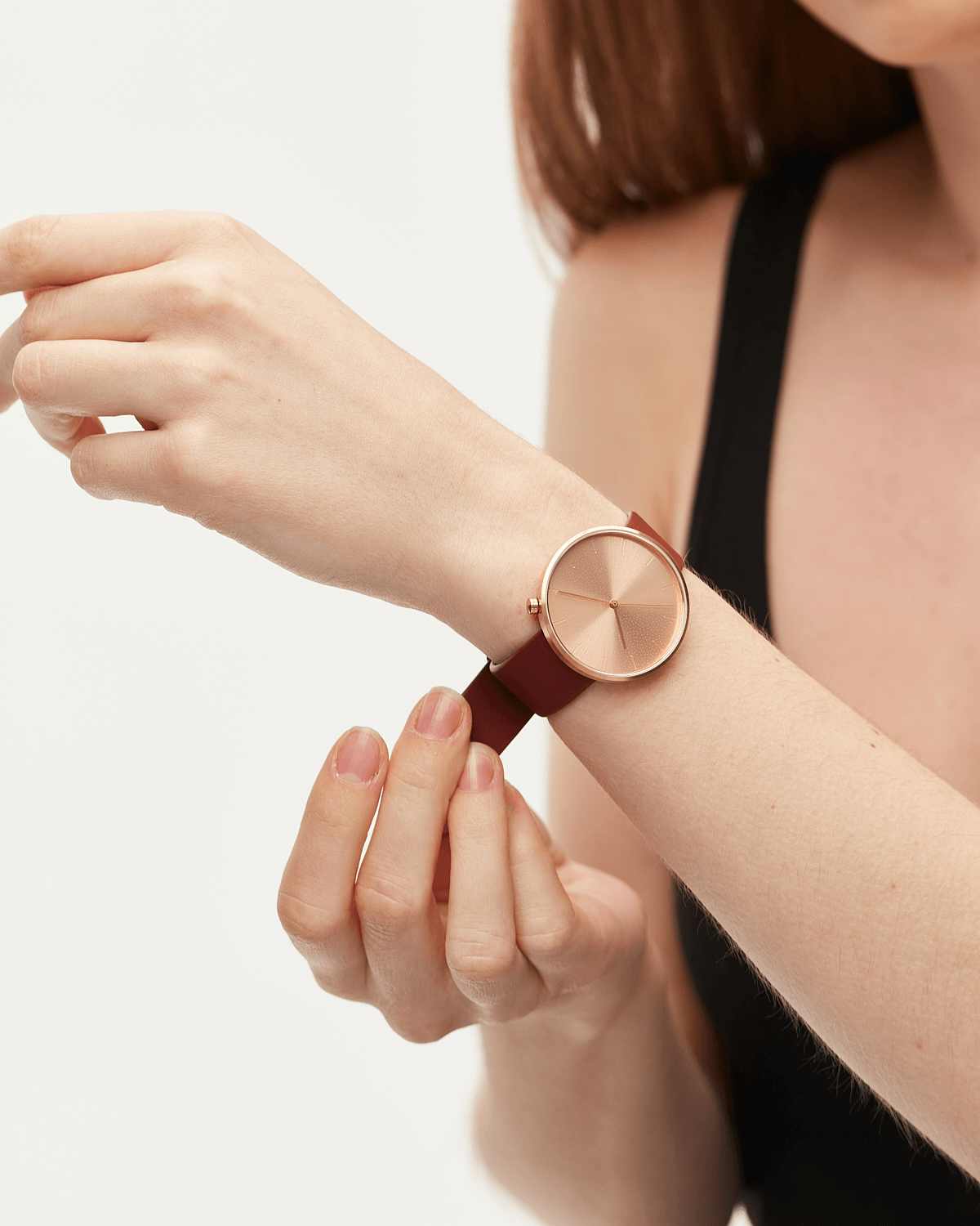 38mm Burgundy Leather Brushed Rose Gold Watch