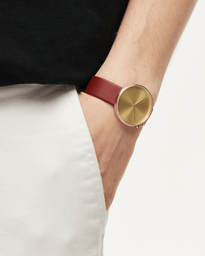 38mm Burgundy Leather Brushed Gold Watch