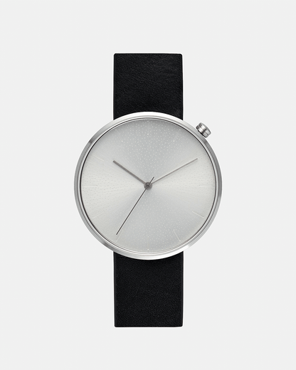 38mm Black Leather Brushed Steel Watch