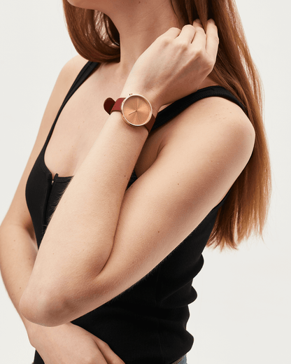 38mm Burgundy Leather Brushed Rose Gold Watch