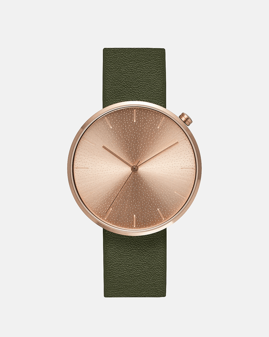 38mm Olive Leather Brushed Rose Gold Watch