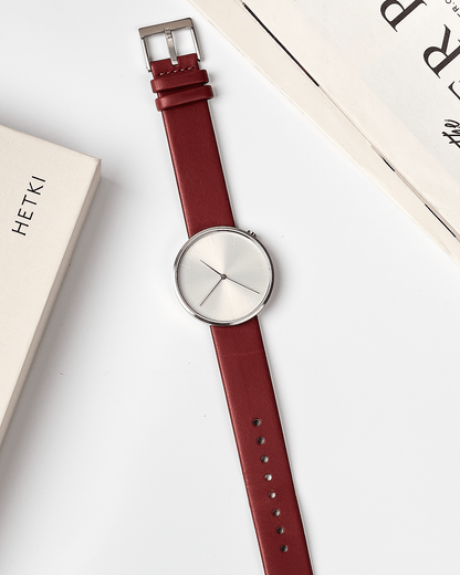 38mm Burgundy Leather Brushed Steel Watch