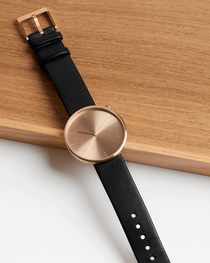 38mm Black Leather Brushed Rose Gold Watch