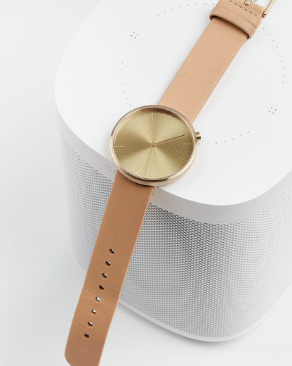 38mm Natural Leather Brushed Gold Watch