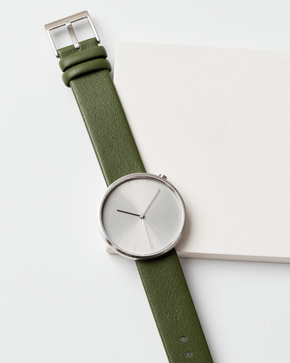 38mm Olive Leather Brushed Steel Watch