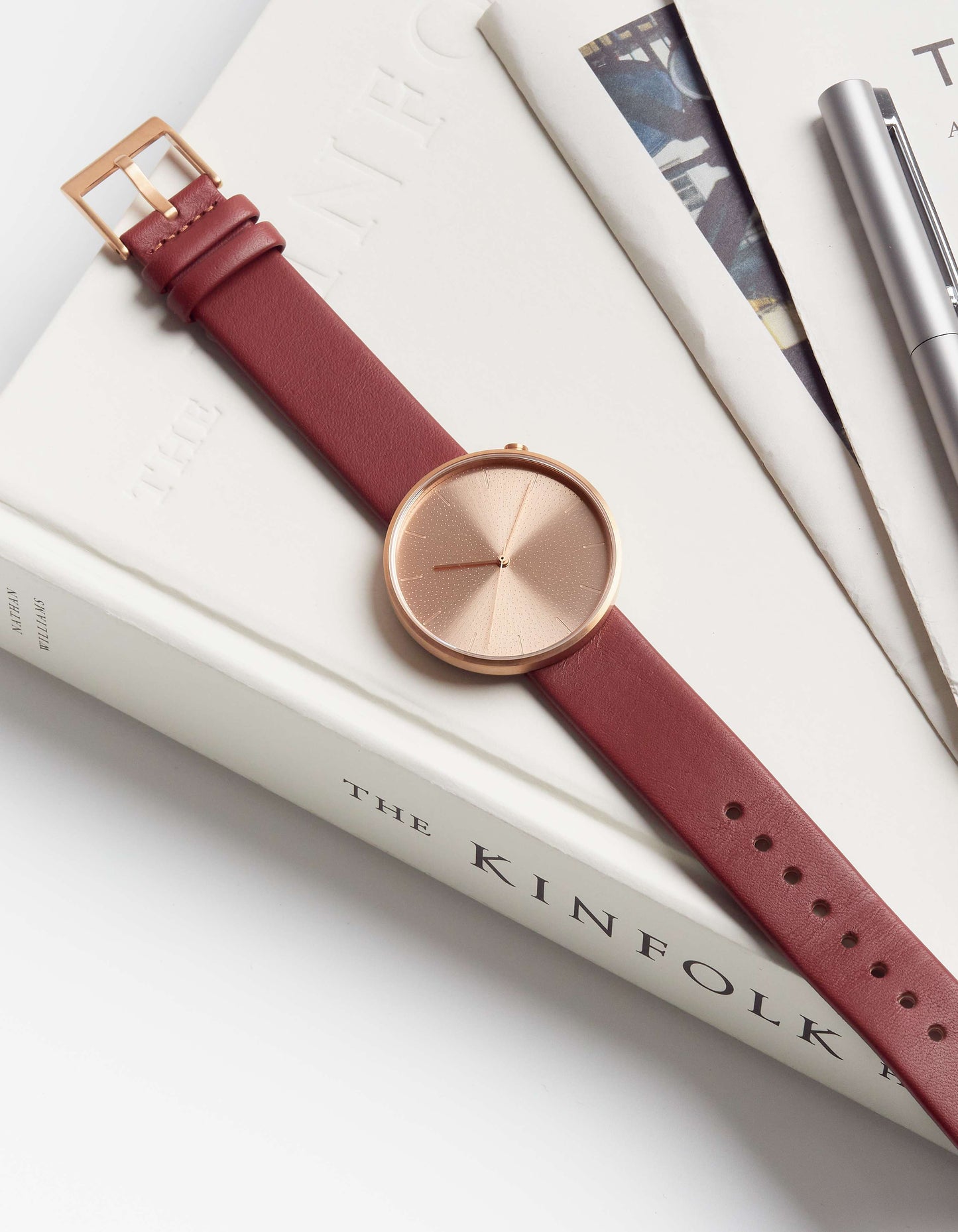 Burgundy Full-Grain Organic Leather Straps/Rose Gold Buckle